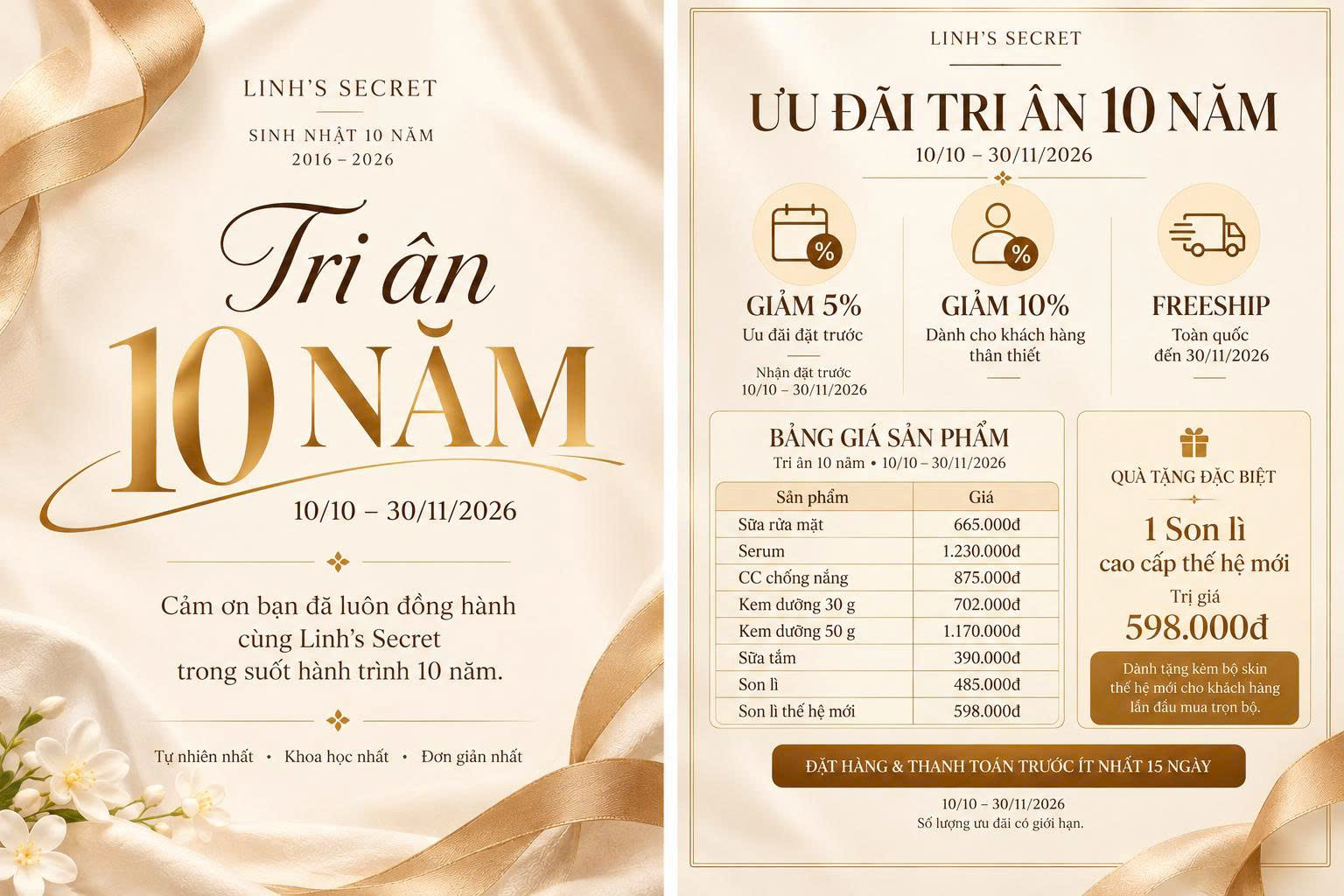 Tri ân 10 năm Linh’s Secret – ưu đãi và bảng giá